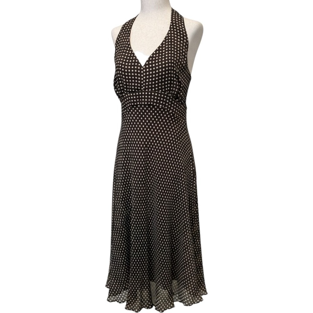 Vtg Y2K Sunny Leigh Silk Halter Midi Dress 14 Brown Polka Dot Whimsigoth Chiffon